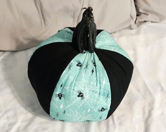 Retro Style Fabric Pumpkin Halloween Pumpkin Aqua Black White Spiders Real Stem