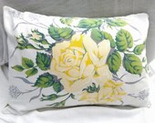 Upcycled Vintage Linens Pillow Tablecloth Pillow Yellow Roses Textiles Home Decor Cottage Chic