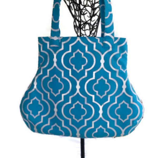 Turquoise Blue Geometric Fabric Handbag Purse