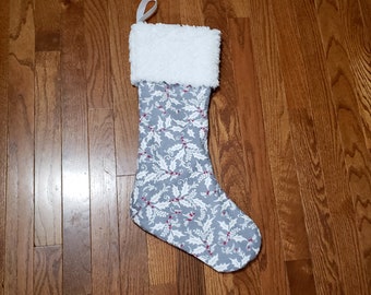 Flannel Stocking with Holly Leaves and Berries Faux Fur Cuff Free US Shipping Gray white red