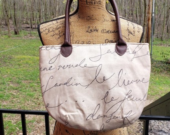 Waverly Penpal Fabric Handbag Light Brown Tan with Black Script Writing Purse Rustic