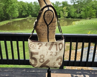 Rustic Waverly Fabric Handbag Purse Ecru Brown Numbers Symbols And Counting