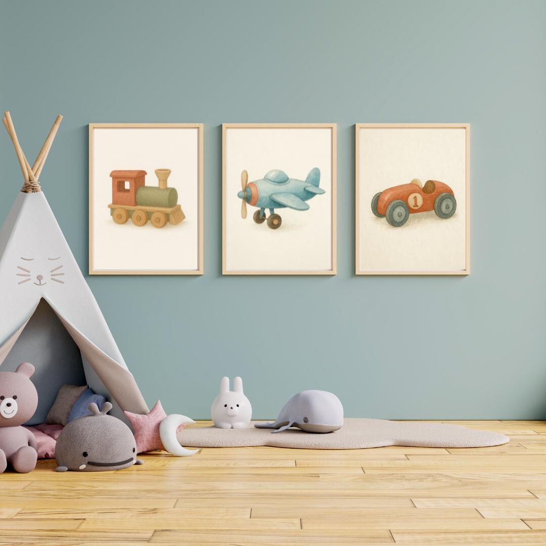 Printable Nursery Wall Art Set – Vintage Toy Car, Train & Airplane ...