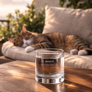 May include: A clear glass tumbler filled with water, with the text "LEAVE IT. IT'S FOR THE CAT" printed on the front. A brown tabby cat is resting on a cushion in the background. The glass sits on a wooden table.