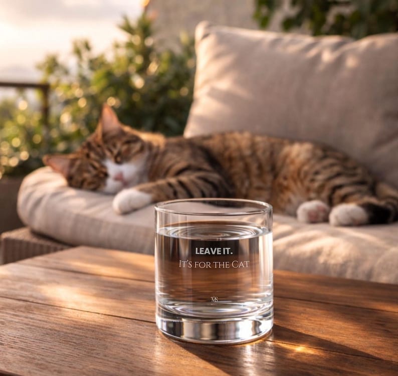 May include: A clear glass tumbler filled with water, with the text "LEAVE IT. IT'S FOR THE CAT" printed on the front. A brown tabby cat is resting on a cushion in the background. The glass sits on a wooden table.