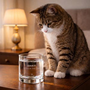 May include: A clear glass with the text "LEAVE IT. IT'S FOR THE CAT" sits on a dark wooden surface. A tabby cat with brown and white fur is looking down at the glass. A lit lamp is in the background.
