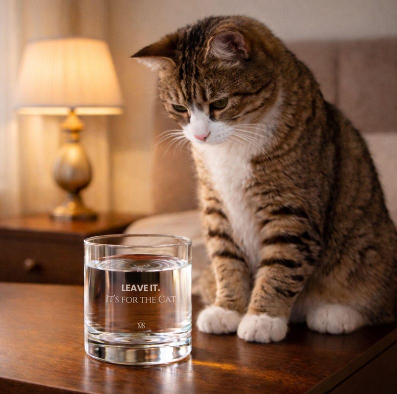 May include: A clear glass with the text "LEAVE IT. IT'S FOR THE CAT" sits on a dark wooden surface. A tabby cat with brown and white fur is looking down at the glass. A lit lamp is in the background.