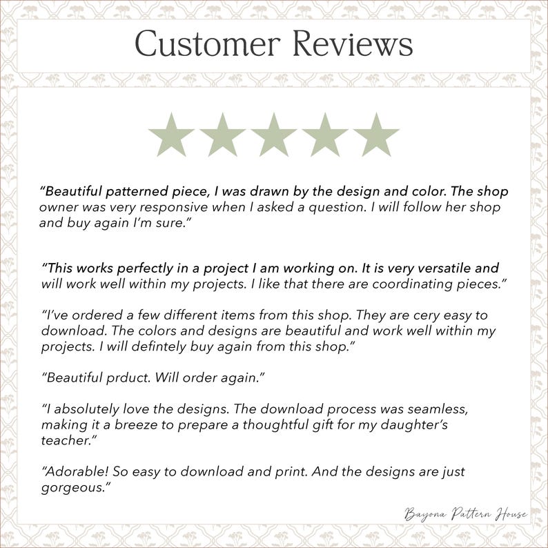 May include: A customer review graphic with five green stars. The text reads "Customer Reviews" at the top, followed by several customer testimonials praising the designs, ease of download, and responsiveness of the shop owner.