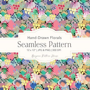 May include: A colorful seamless pattern featuring hand-drawn floral designs. The pattern includes various shapes and colors, such as pink, green, yellow, and blue, with the text "Hand-Drawn Florals Seamless Pattern" and "12 x 12" | JPG & PNG | 300 DPI".
