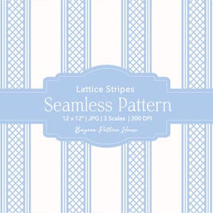 May include: A seamless pattern design featuring vertical stripes in white and light blue, with a lattice design. The text reads "Lattice Stripes Seamless Pattern" and "Bayona Pattern House". The pattern is 12 x 12 inches.