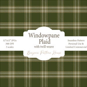 Pode incluir: Um padrão xadrez de janela sem costura em tons de verde oliva e bege. O design apresenta uma sarja, com o texto "Windowpane Plaid" e "Bayona Pattern House" em um fundo branco. O padrão mede 30,48 cm x 30,48 cm e é para uso pessoal e comercial limitado.