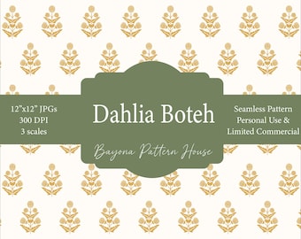 Block Print Inspired Seamless Pattern Floral Yellow Summer Repeat for Fabric Dahlia Grandmillenial Pastel for Stationary Commercial Use