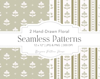 Sage Spring Seamless Patterns  Nordic Inspired Seamless Designs  Hand Drawn  Digital Download JPG & PNG