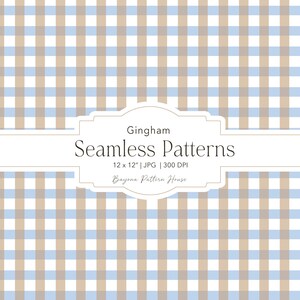 May include: A seamless gingham pattern featuring a grid of light blue and tan squares on a white background. A central label displays the text: Gingham Seamless Patterns, 12 x 12" | JPG | 300 DPI, and Bayona Pattern House.