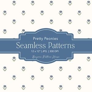 Peut inclure: Motif de fond sans couture avec de petites fleurs de pivoines bleues et des feuilles vertes sur un fond crème. Une bannière bleue affiche le texte "Pretty Peonies Seamless Patterns". Le motif mesure 30.48 cm x 30.48 cm.