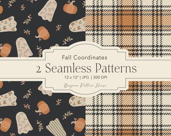 Paquete de patrones sin costuras de Halloween, estampado fantasma de otoño a cuadros naranja, repetición de tela, otoño, descarga digital, coordenadas de cosecha, tartán negro