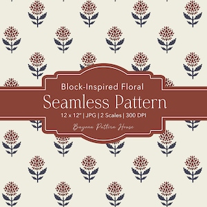 May include: A seamless pattern featuring repeating dark red floral motifs with dark blue stems and leaves on a cream background. A brown rectangular banner displays the text: Block-Inspired Floral Seamless Pattern 12 x 12" | JPG | 2 Scales | 300 DPI Bayona Pattern House.