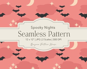 Diseño de tela sin costuras para niña de Halloween: murciélago rosa, luna y estrella, repetición, noches espeluznantes, descarga digital, estilo preppy para niña de Halloween.