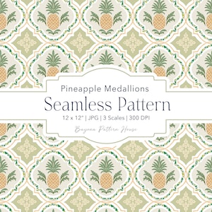 Puede incluir: Un patrón sin costuras con medallones de piña en tonos verde, beige y bronceado. El texto dice: Pineapple Medallions Seamless Pattern, 12 x 12" | JPG | 3 Scales | 300 DPI, Bayona Pattern House. El diseño utiliza un motivo geométrico repetitivo.