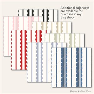 May include: A collection of patterned designs featuring vertical stripes in various color combinations. The designs include stripes with scalloped edges and solid stripes in shades of pink, red, blue, and neutral tones. Text reads: "Additional colorways are available for purchase in my Etsy shop."