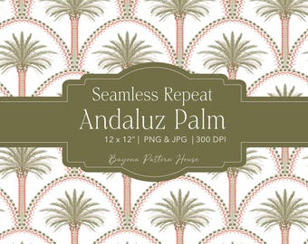 Palm Tree Pattern Summer Seamless Sage Green Beach Repeat Tropical Mediterranean Digital Paper Printable Coastal Fabric Wallpaper Andalusian