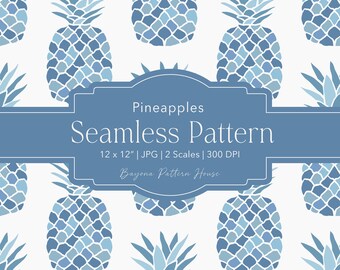 Diseño tropical veraniego sin costuras con estampado de piña, estilo preppy, azul, estilo grandmillennial, archivo digital, textil, playa, costa, estampado en bloque, papelería inspirada