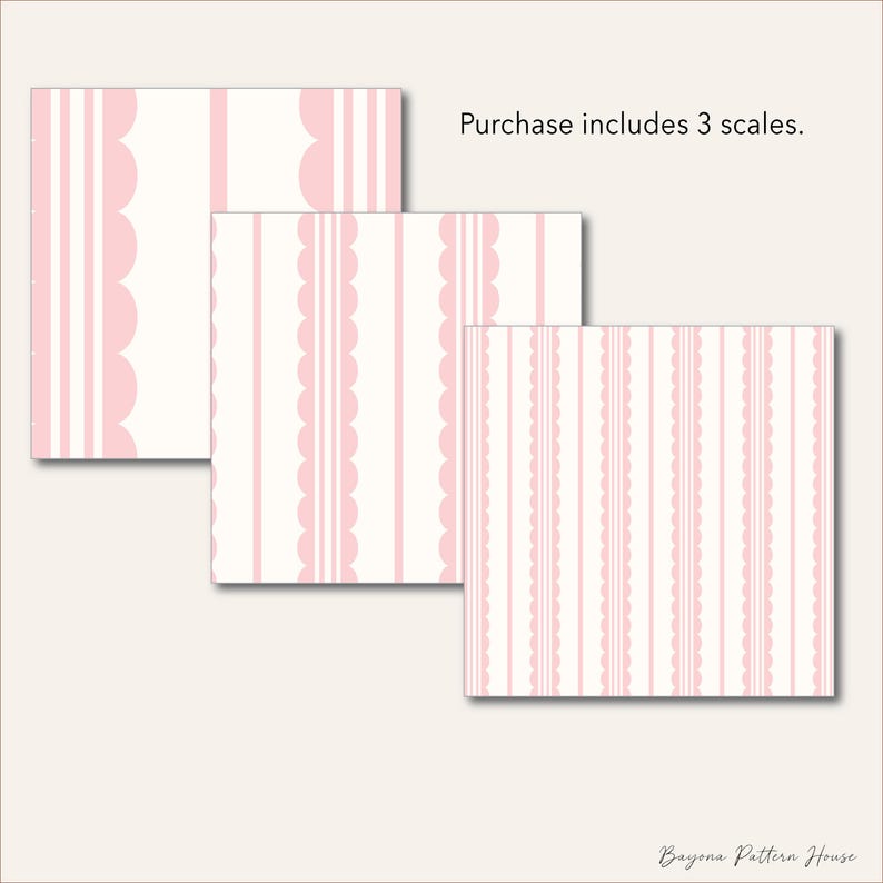 May include: Three pink and white patterned paper scales. The patterns include vertical stripes and scalloped edges. The text "Purchase includes 3 scales" is visible.