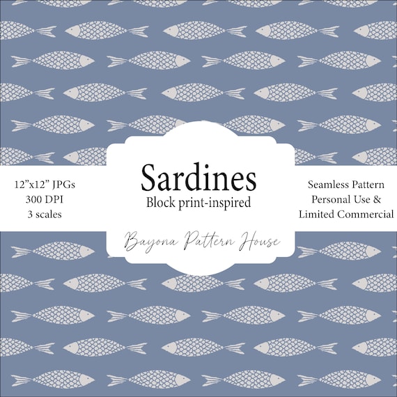 Block Print Sardine Pattern – Minimalist Coastal Seamless Design | Mediterranean Digital Paper - Blue Sardines Digital Paper
