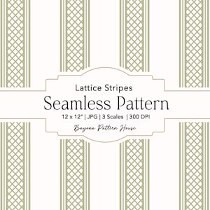 May include: A seamless pattern design featuring vertical lattice stripes in a soft green hue against a cream background. The text "Lattice Stripes Seamless Pattern" is displayed in a white banner. The pattern is 12 x 12 inches.