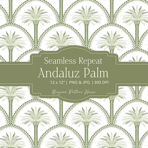 May include: Seamless repeat pattern featuring a stylized Andaluz Palm design in shades of green and white. The pattern includes palm tree motifs within a circular, fan-like arrangement. The text "Seamless Repeat Andaluz Palm" is displayed on the image.