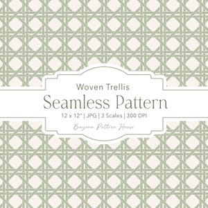 May include: A seamless pattern featuring a sage green woven trellis design on a cream background. The central text reads: Woven Trellis Seamless Pattern, 12 x 12" | JPG | 3 Scales | 300 DPI, Bayona Pattern House. The design repeats in a grid.
