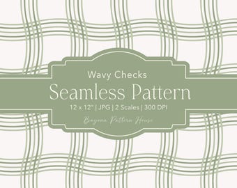 Plaid Seamless Pattern Wavy Checkers Repeat Playful Checks Preppy Sage Green Wallpaper Background Digital Plaid Fabric Trendy