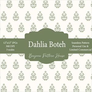 Block Print Inspired Seamless Pattern Floral Green Spring Repeat for Fabric Dahlia Cottage Core Pastel for Stationary Commercial Use