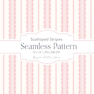 Puede incluir: Un diseño de patrón sin costuras con rayas verticales alternas. El diseño incluye rayas blanquecinas y rayas festoneadas rosas. El texto "Scalloped Stripes Seamless Pattern" se muestra en un marco blanco. El patrón es de 30,48 x 30,48 cm.