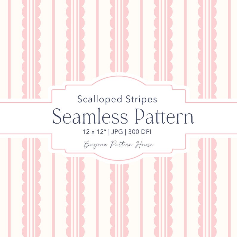 May include: A seamless pattern design featuring alternating vertical stripes. The design includes off-white stripes and pink scalloped stripes. The text "Scalloped Stripes Seamless Pattern" is displayed in a white frame. The pattern is 12 x 12 inches.