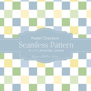 May include: A seamless pattern design with a pastel checkerboard pattern in blue, green, and yellow. The design includes the text "Pastel Checkers Seamless Pattern" and "12 x 12" JPG & PNG 300 DPI" and "Bayona Pattern House".