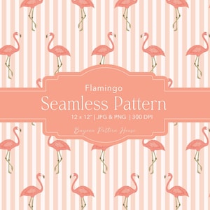 May include: A seamless pattern featuring pink flamingos on a striped background. The design includes the text "Flamingo Seamless Pattern" and "12 x 12" | JPG & PNG | 300 DPI". The pattern is from Bayona Pattern House.