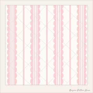 May include: A repeating pattern featuring vertical stripes of alternating white and light pink. The pink stripes have a scalloped edge design. A subtle, light gray diamond grid pattern overlays the stripes.