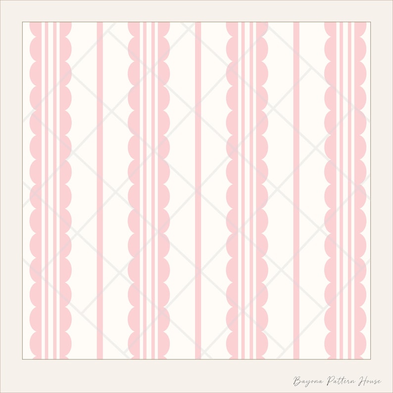 May include: A repeating pattern featuring vertical stripes of alternating white and light pink. The pink stripes have a scalloped edge design. A subtle, light gray diamond grid pattern overlays the stripes.