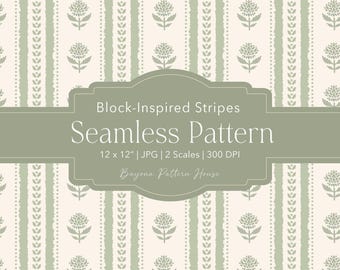 Block Print Green Stripes Floral Seamless Pattern Spring Fabric Design Cottagecore Botanical Repeat Vintage Commercial Use Digital Download