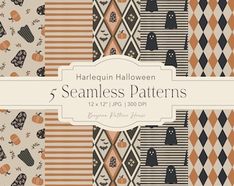 Paquete digital de descarga sin costuras con estampado de Halloween, fantasma, calabaza vintage, diseño de tela para ropa de bebé, textil infantil, beige apagado