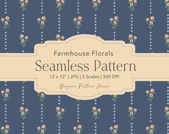 Cottage Core Repeat Pattern Farmhouse Flowers Navy Blue Botanical Garden Stationary Wallpaper Design Strawberry Daisy Floral Fabric English