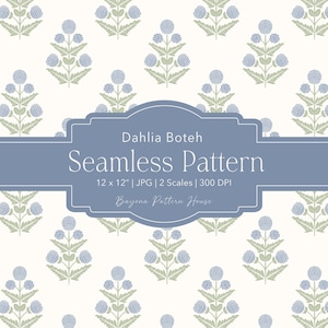 May include: A seamless pattern featuring repeating blue dahlia flower heads and light green leaves on an off-white background. A blue rectangular label with rounded corners displays the text: Dahlia Boteh Seamless Pattern 12 x 12" | JPG | 2 Scales | 300 DPI Bayona Pattern House.