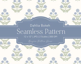 Estampado sin costuras inspirado en la impresión en bloques, estampado floral verde primaveral repetitivo para papelería, dahlia cottage core pastel para uso comercial en tela.