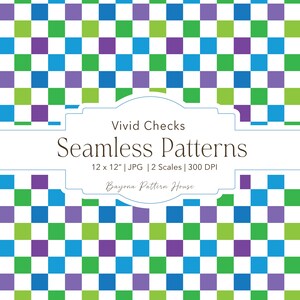 May include: A seamless pattern design featuring a checkerboard pattern in shades of green, blue, and purple. The text "Vivid Checks Seamless Patterns" is displayed in a white banner. The pattern is 12 x 12 inches.