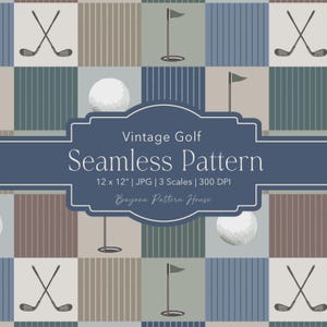 May include: A vintage golf seamless pattern design. The pattern features golf clubs, golf balls, flags, and a repeating grid of squares in shades of blue, gray, and brown. The text "Vintage Golf Seamless Pattern" is displayed in a navy blue banner.