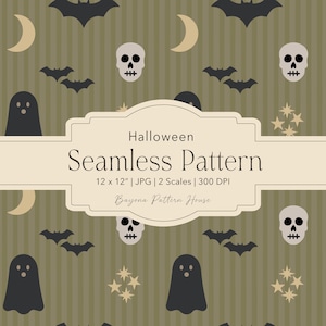 May include: A Halloween-themed seamless pattern featuring ghosts, bats, skulls, moons, and stars on a striped background. The pattern includes the text "Halloween Seamless Pattern" and the dimensions 12 x 12 inches.