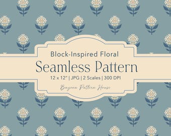 Floral Block Print Seamless Pattern Spring Pastel Fabric Design Cottagecore Botanical Teal Repeat Craft Commercial Use Digital Download File