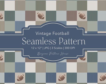 Vintage Football Seamless Patter Sports Repeat Classic Heritage Neutral Boys Wallpaper Bedroom Checks Digital Download Background Fabric