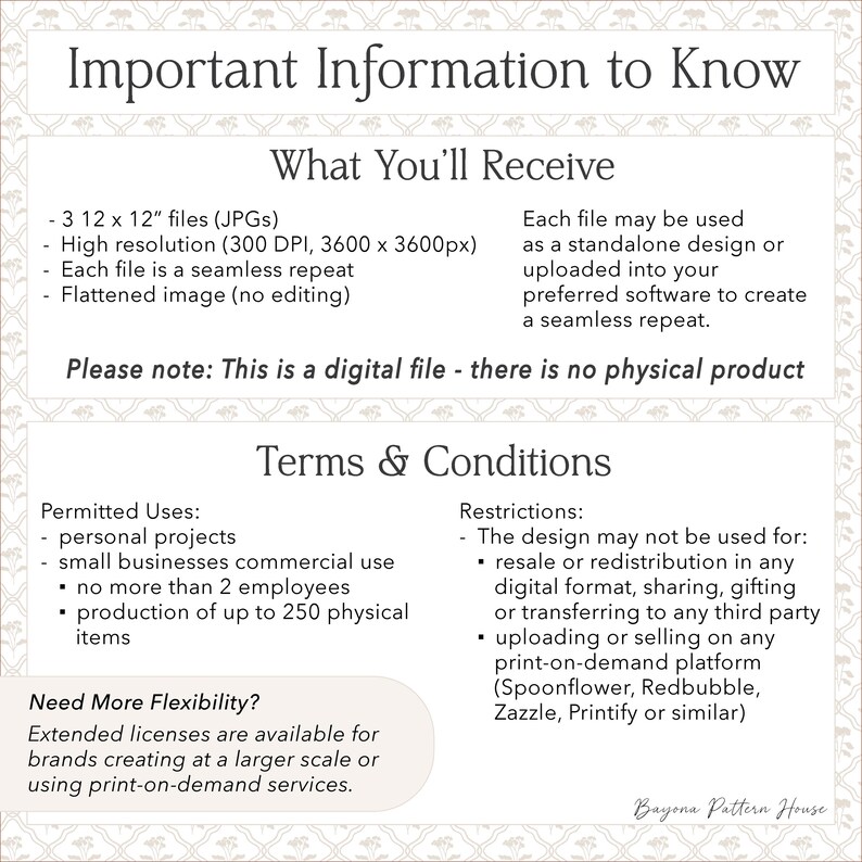 May include: A digital file with important information, including what you'll receive: three 12x12 inch JPG files, high resolution, seamless repeats, and flattened images. Terms and conditions are also included. The file is for personal and small business use.